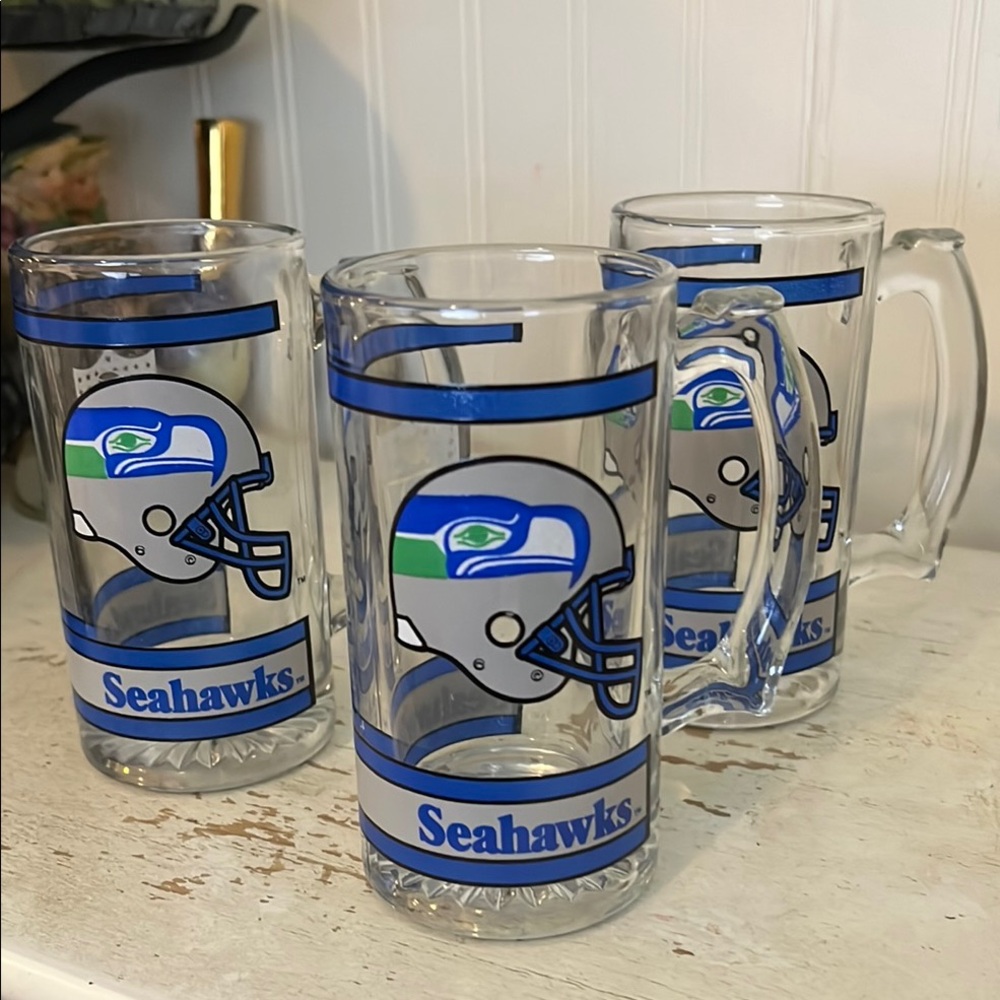 Vintage 80s Seattle Seahawks Blue and White Glass Beer Mugs Set of 3